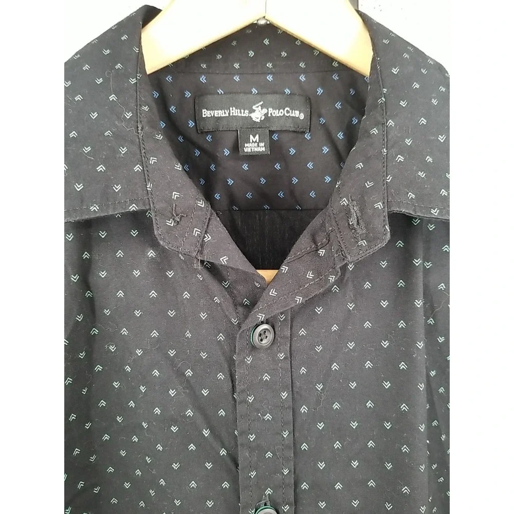Beverly Hills Polo Club Mens Black‎ Chevron Short Sleeve Button Up Shirt Medium